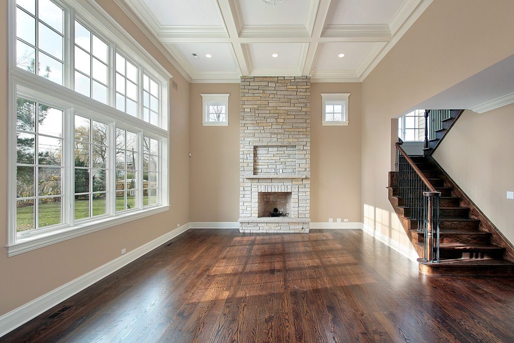 Family room with two story fireplace