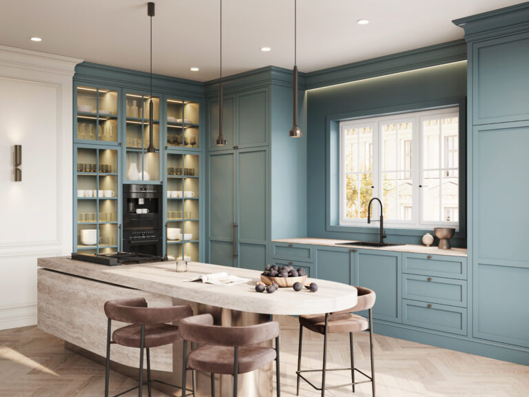 Elegant kitchen interior with high chairs at the kitchen counter in 3d render