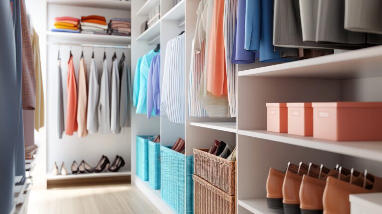 A bright and airy walk in closet with a built in shelving system for shoes and accessories