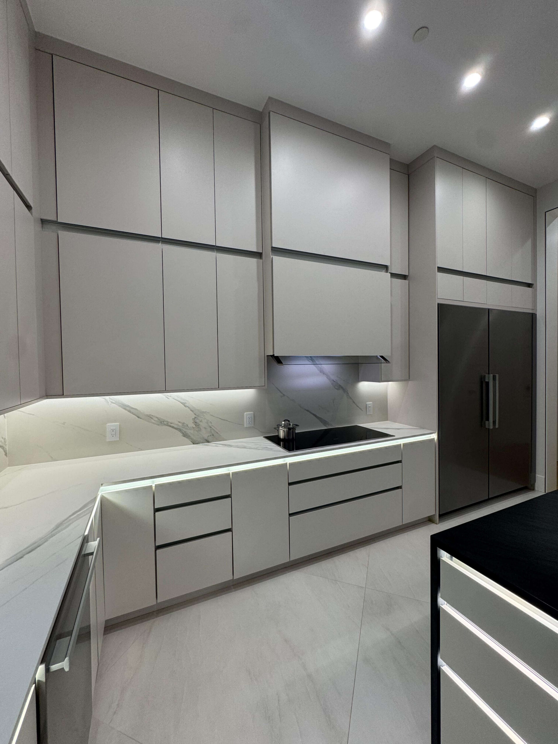 light grey dekton veneer kitchen cabinets gola channels