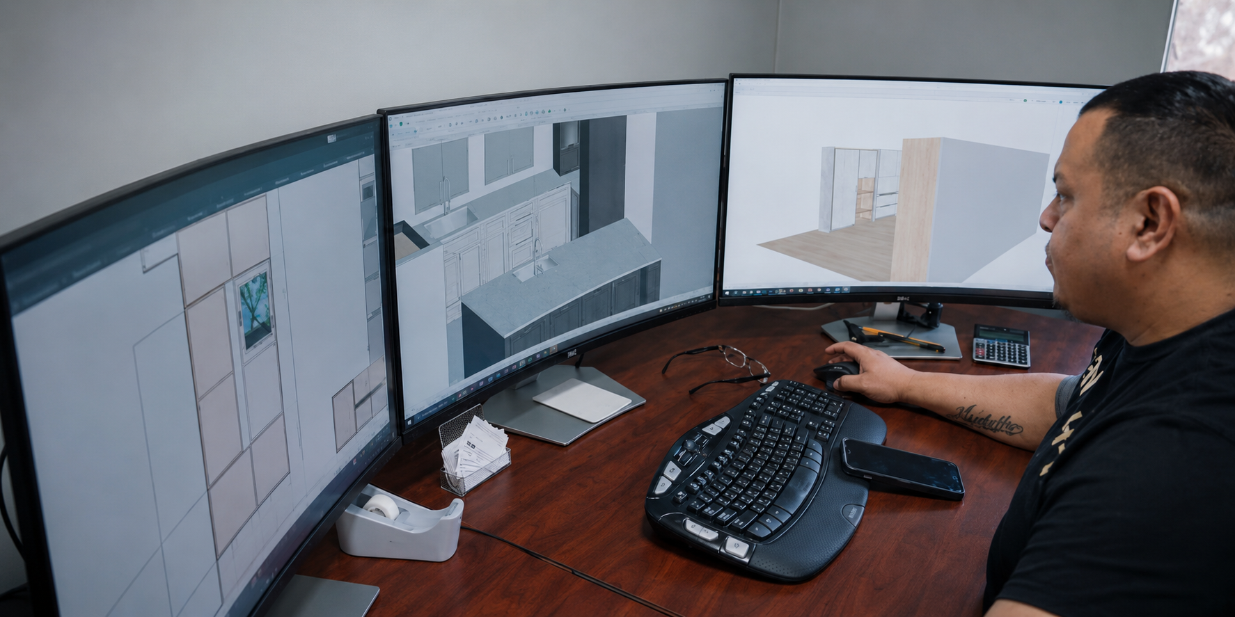 Designer reviewing cabinet plans on multiple monitors