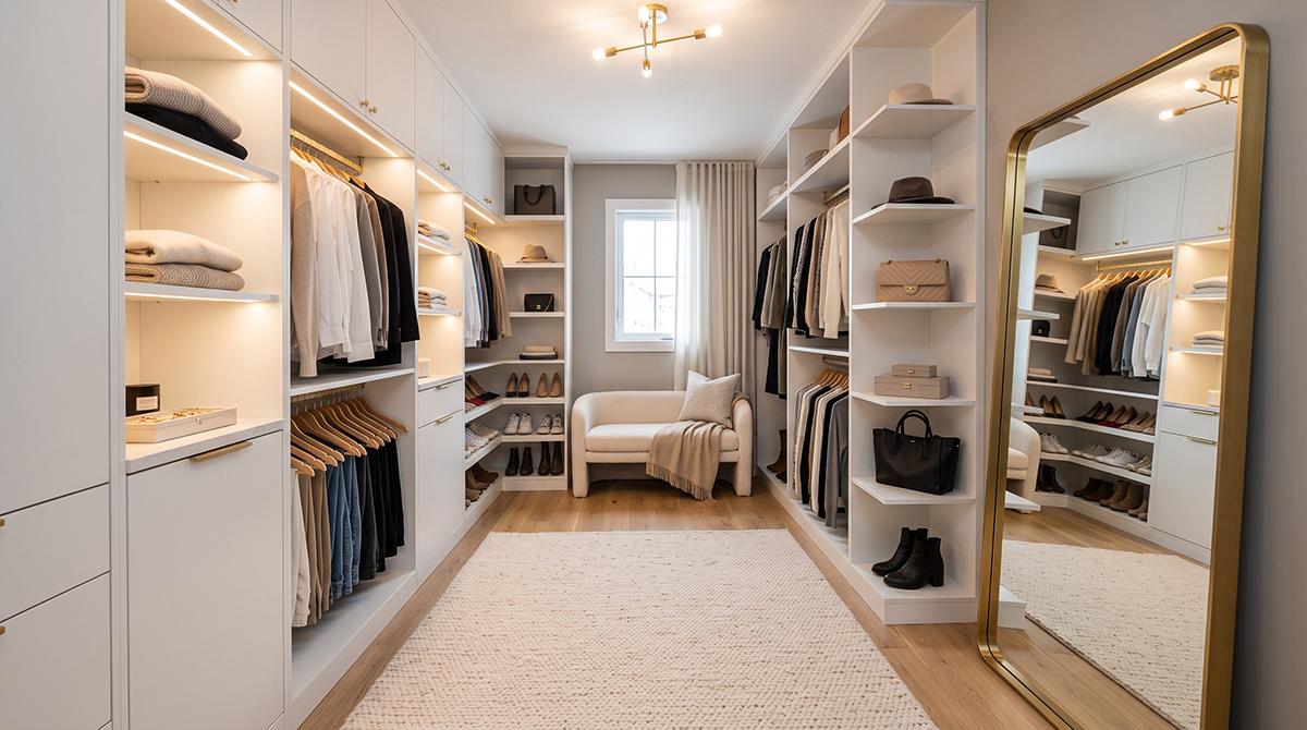 Beautifully organized walk in closet with ample storage and styl